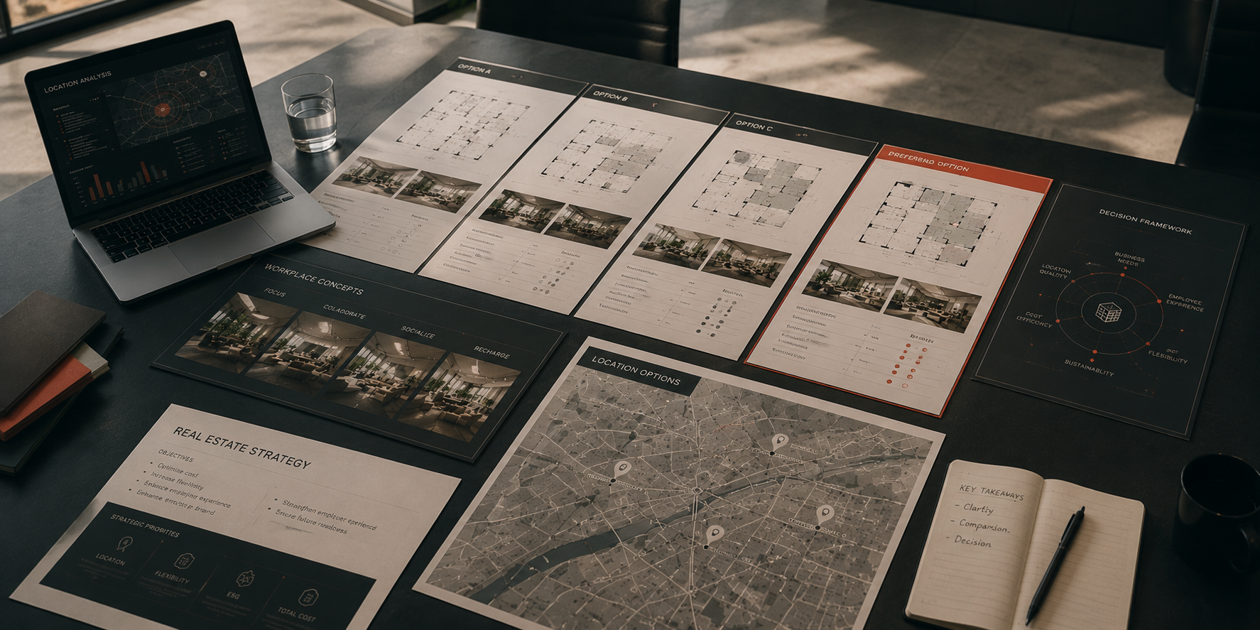 Laptop, plans, maps, and notes on a desk showing real estate strategy and workplace concepts.