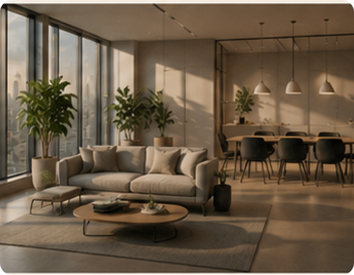 Modernes Wohnzimmer mit Sofa, Couchtisch, Pflanzen und großem Essbereich mit Beleuchtung.