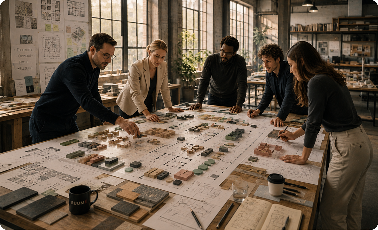 Fünf Architekten beraten über Modell und Baupläne in einem gut beleuchteten Industrie-Atelier.