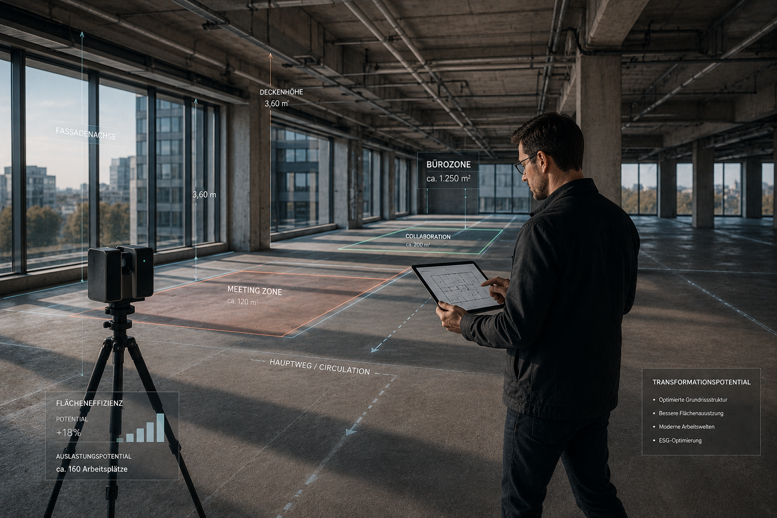 Mann mit Tablet in leerem, offenem Büro mit markierten Zonen und Gebäudedatenprojektionen.