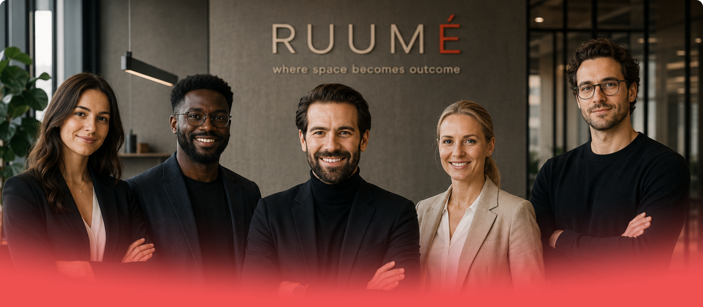 Fünf berufstätige Personen stehen vor einer Wand mit dem Schriftzug RUUMÉ und lächeln.