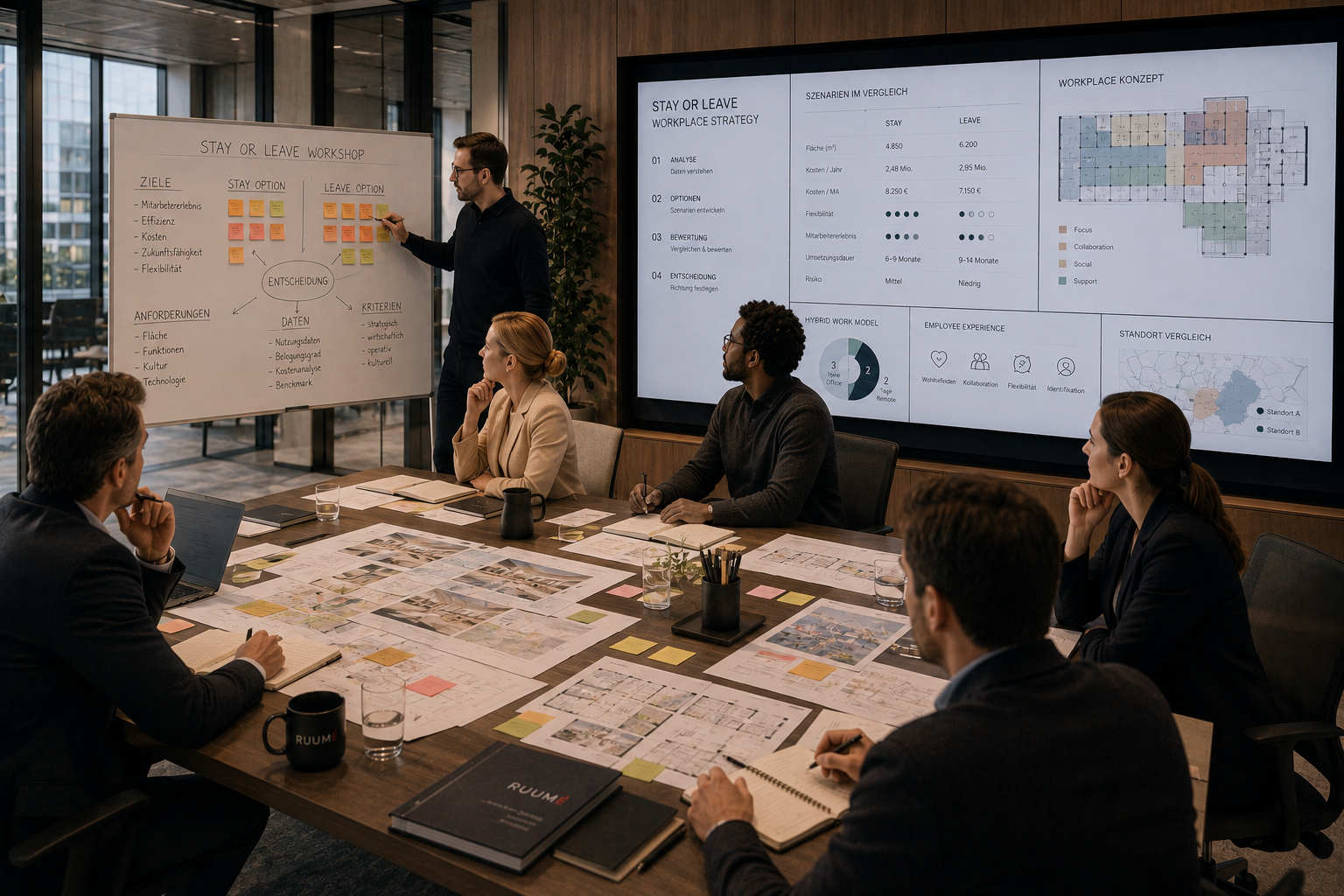 Team diskutiert Arbeitsplatzstrategie in einem modernen Büro mit Flipchart und großen Bildschirmen.