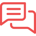 Rotes Symbol mit zwei überlappenden Sprechblasen für Nachrichten oder Chat.