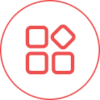 Rotes Symbol mit vier Quadraten in einem Kreis, eines gedreht wie ein Diamant.