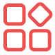 Vier rote geöffnete Quadrate, zwei horizontal und zwei diagonal angeordnet.