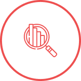 Lupe mit Diagramm-Icon in einem roten Kreis, symbolisiert Datenanalyse oder Forschung.