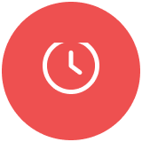Weißes Uhrzeit-Symbol auf rotem Kreis-Hintergrund.