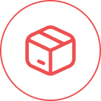 Symbol eines Pakets in einem roten Kreis, das Versand oder Lieferung darstellt.