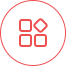 Vier Quadrate einer App-Übersicht in einem roten Kreis auf weißem Hintergrund.
