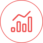 Rotes Diagrammsymbol mit drei Balken und einer Linie im Kreis.