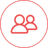 Rotes Symbol zweier Personen in einer Kreislinie, das Team oder Gemeinschaft darstellt.