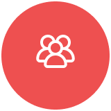 Weißes Symbol von drei Personen in einem roten Kreis.