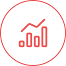 Rotes Symbol mit aufsteigendem Balkendiagramm und Linienchart in einem Kreis.